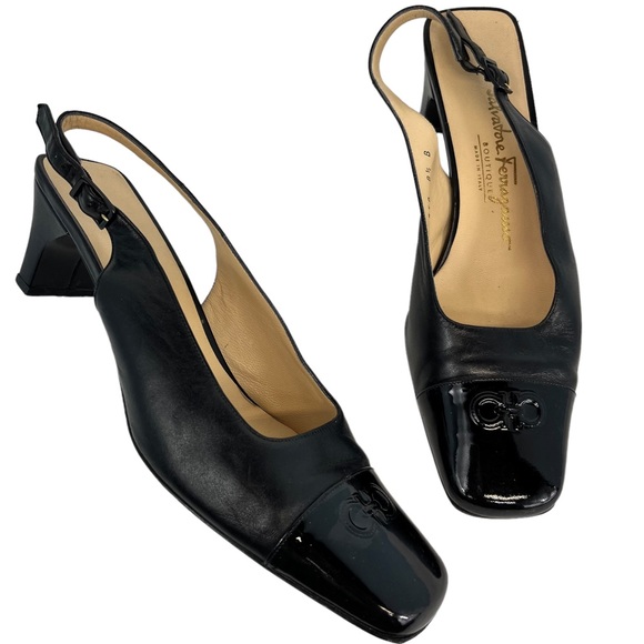 Salvatore Ferragamo Shoes - Salvatore Ferragamo Gianci Embossed Square Cap Toe Slingback Black Heel size 7.5